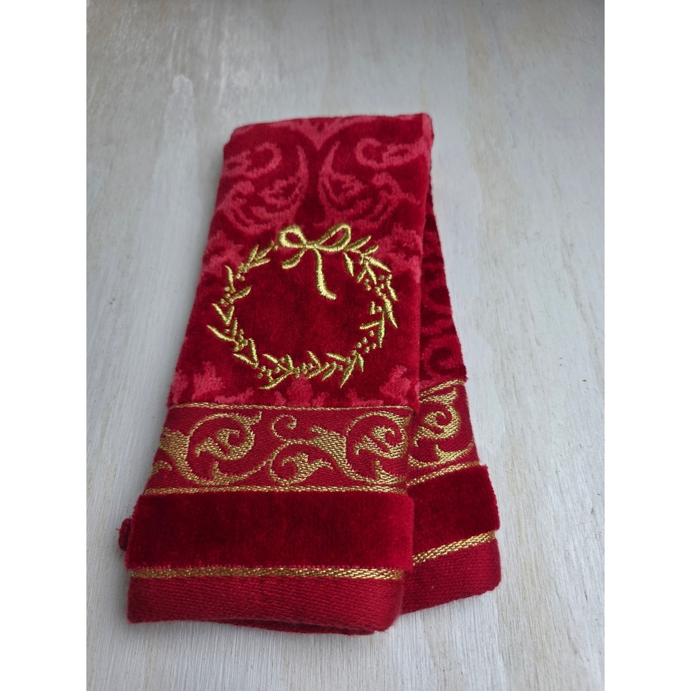 St. Nicholas Square Christmas Hand Towel Red Gold Wreath Damask Holiday Decor